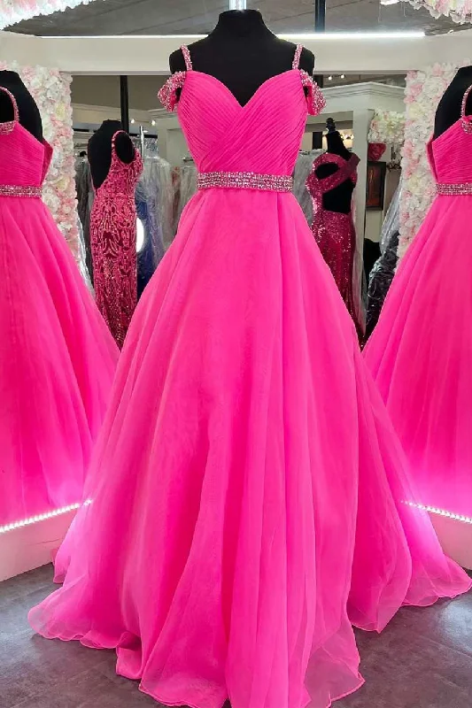 flutter sleeve prom dressesHot Pink Beaded Cold-Shoulder A-Line Prom Dress