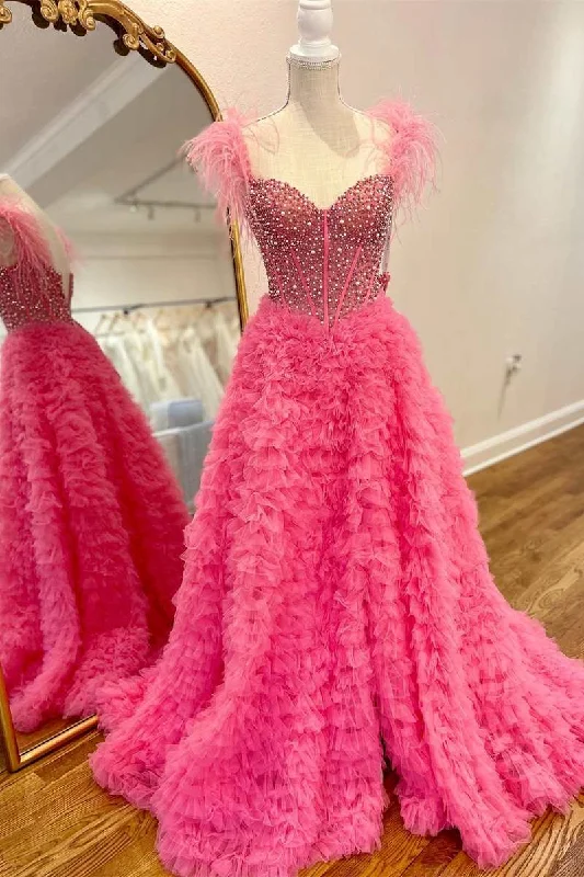 mid-length prom dressesHot Pink Beaded Feather Off-the-Shoulder Tiered Long Prom Dress with Ruffles