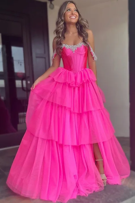 maxi prom dressesHot Pink Off-Shoulder Tiered Tulle Pleated Long Formal Prom Dress with Beads