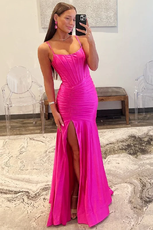 convertible prom dressesHot Pink Scoop Neck Spaghetti Strap Long Prom Dress