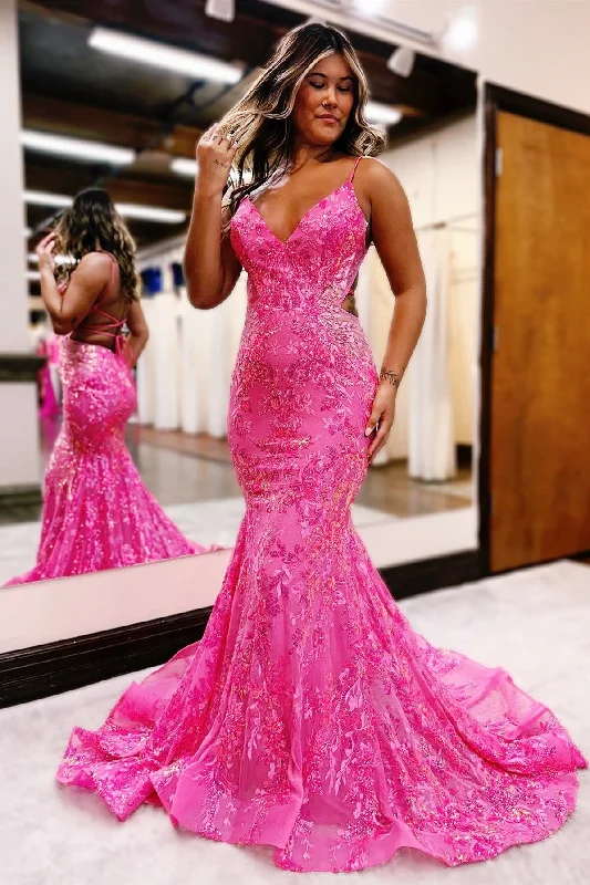 prom dress color trendsHot Pink Sequin Lace V-Neck Trumpet Long Prom Dress