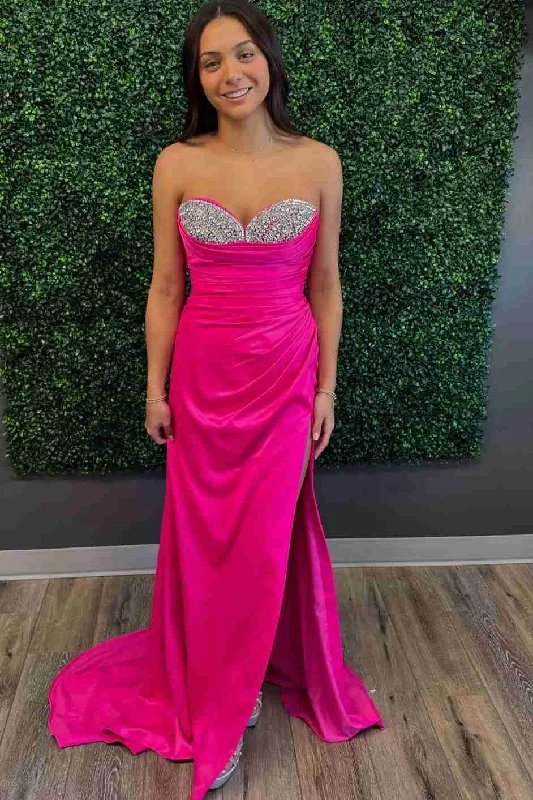 vintage prom dressesHot Pink Strapless Beads V-Neck Pleated Long Prom Dress with Slit