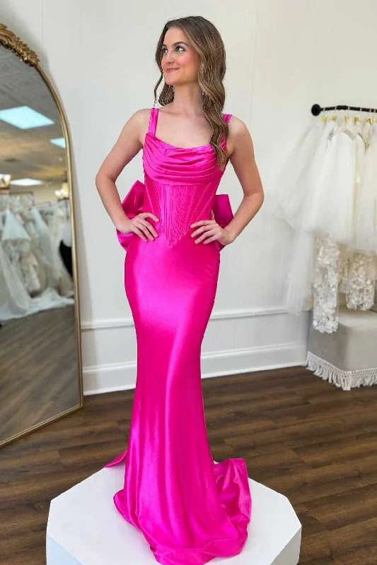 geometric print prom dressesHot Pink Straps Mermaid Satin Sleeveless Long Prom Dress with Bow