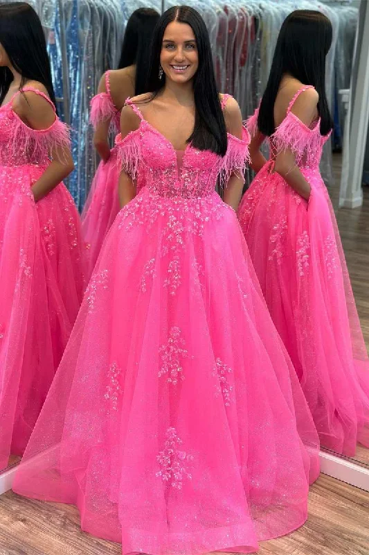 bespoke prom dressesHot Pink Tulle Applique Cold-Shoulder A-Line Prom Dress with Feathers