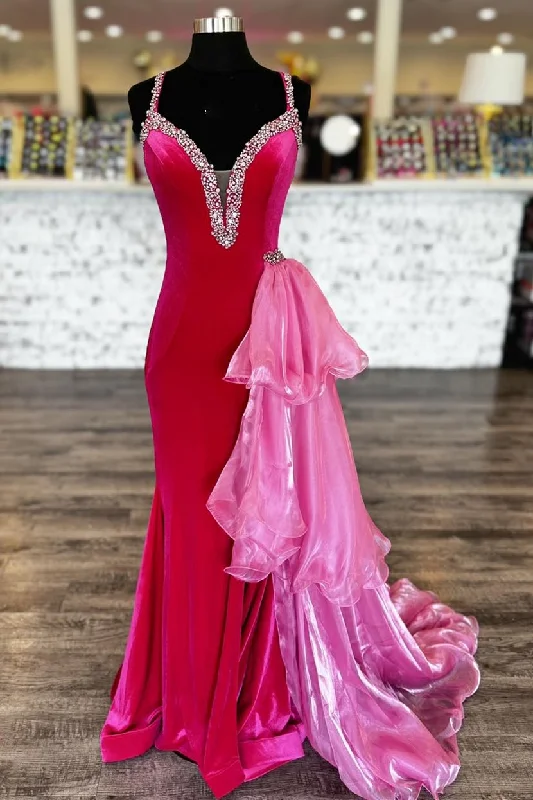 tulle prom dressesHot Pink Velvet Plunge V Beaded Prom Dress with Attached Train