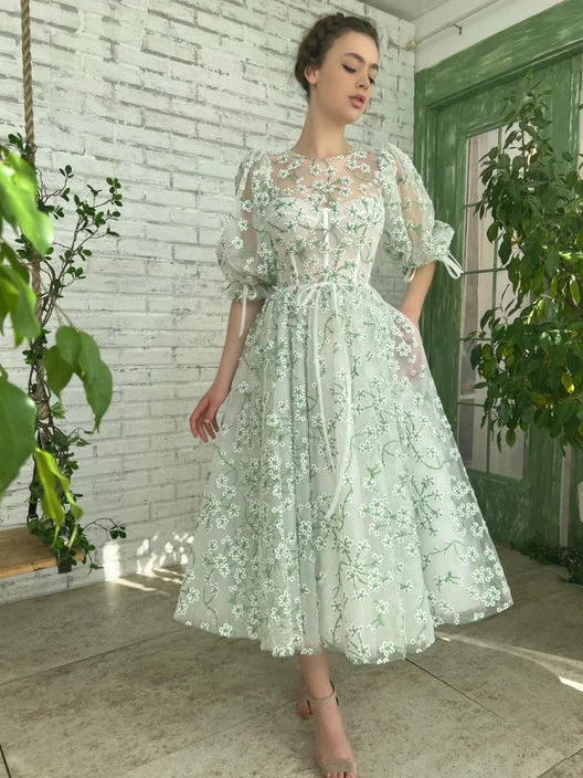 ball gown prom dressesIllusion Puff Sleeves Mint Prom Dresses, Tea Length Prom Dresses, 2022 Prom Dresses, Newest Prom Dresses, Affordable Prom Dresses