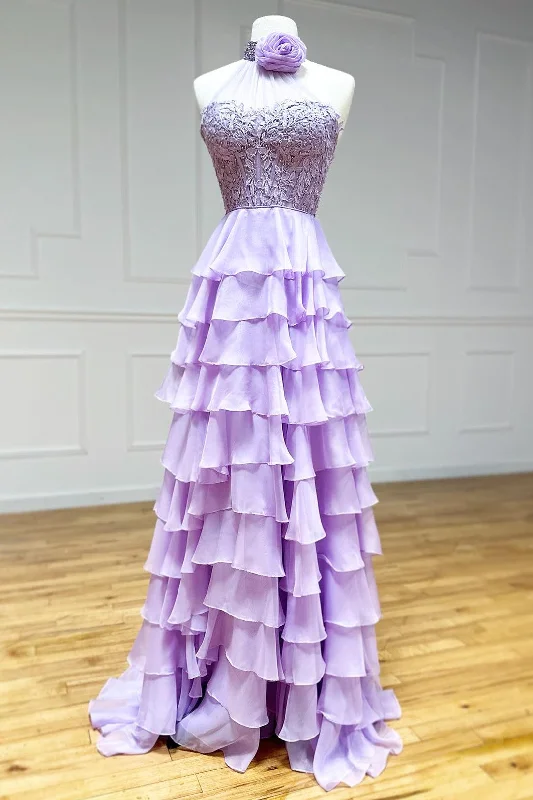 sleeveless prom dressesLavender Halter Ruffle Tiered Chiffon Long Prom Dress