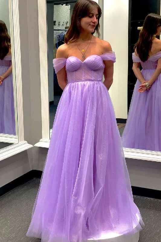 flowy prom dressesLavender Off-the-Shoulder Bustier A-Line Prom Gown