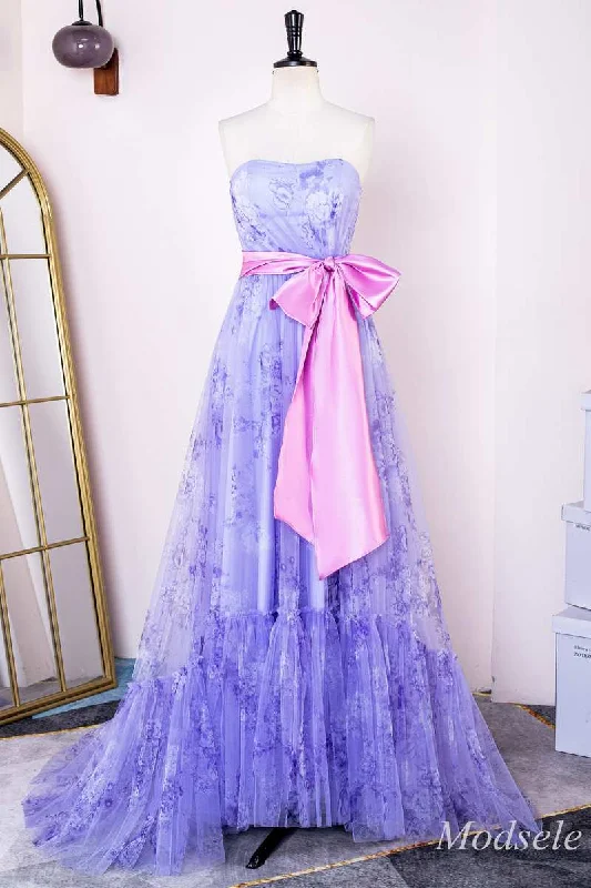 short prom dressesLavender Print Strapless Bow Front A-Line Long Prom Dress