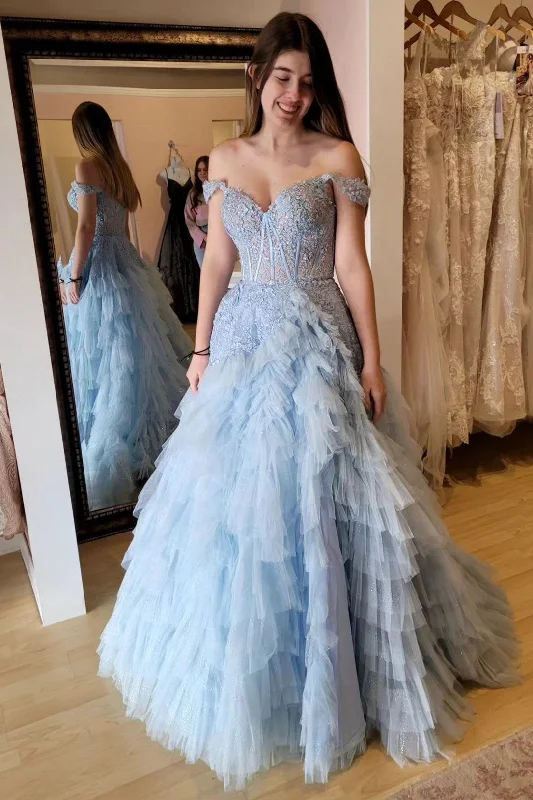 illusion sleeve prom dressesLight Blue Appliques Off-the-Shoulder Ruffle Tiered Long Prom Dress