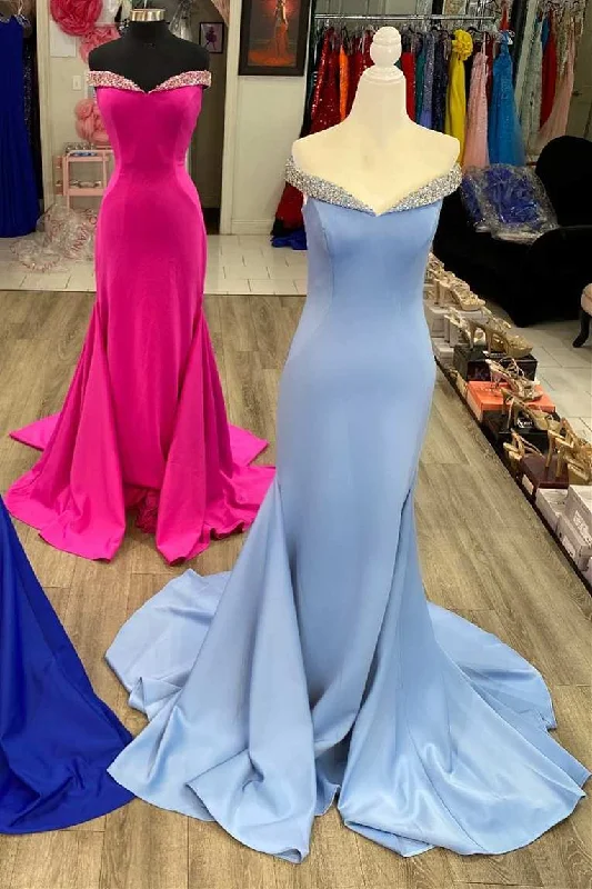 mermaid prom dressesLight Blue Beaded Off-the-Shoulder Trumpet Long Prom Dress