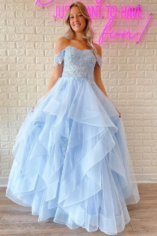 sleeveless prom dressesLight Blue Lace Off-the-Shoulder A-Line Tiered Prom Dress