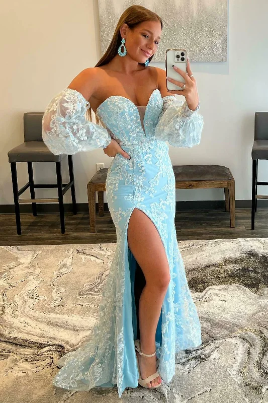 prom dresses for curve-hugging figuresLight Blue Lace Strapless Puff Sleeve Long Prom Dress