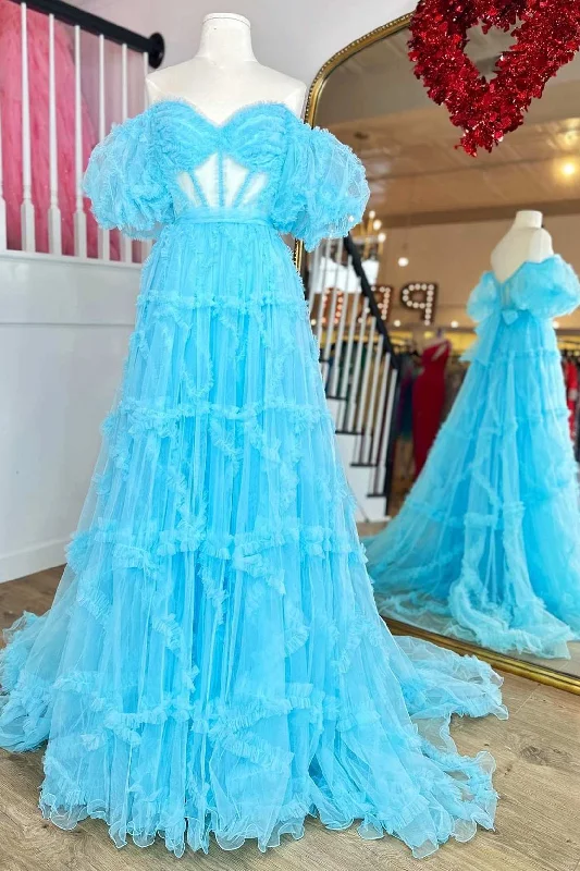 spaghetti strap prom dressesLight Blue Sheer Corset Ruffles A-Line Prom Dress with Puff Sleeves