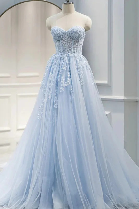 satin prom dressesLight Blue Strapless A-Line Appliques Sweetheart Tulle Prom Dress