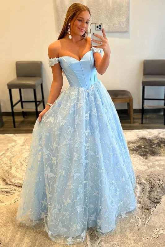 high-low prom dressesLight Blue Sweetheart Off-the-Shoulder A-line Prom Dress