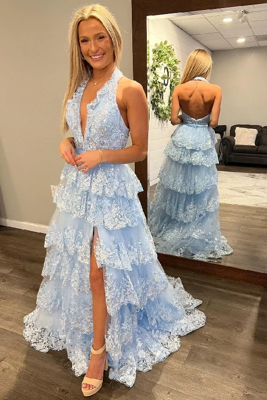 prom dresses for curve-hugging figuresLight Blue Tulle Appliques Halter Ruffle Tiered Long Prom Dress