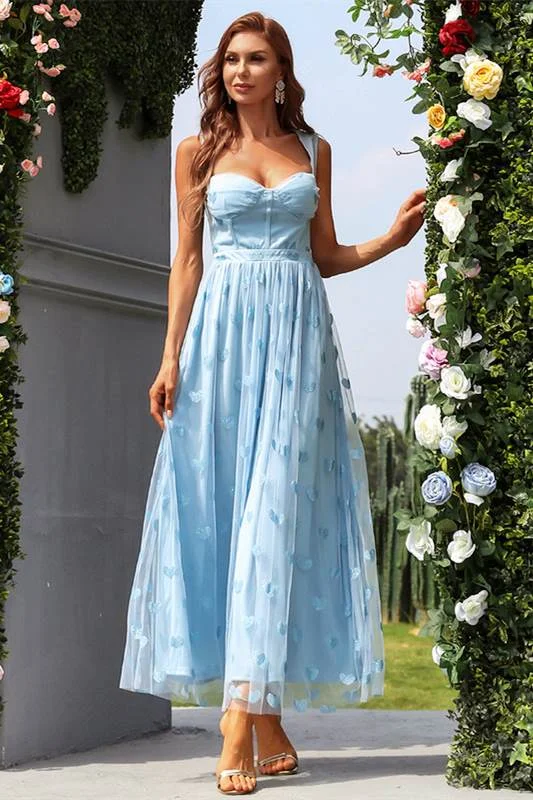 satin prom dressesLight Blue Tulle Sweetheart A-line Sleeveless Prom Gown