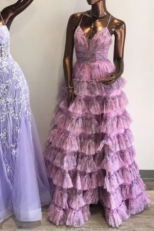 long prom dressesLilac Print Lace-Up Ruffle Tiered Long Prom Dress