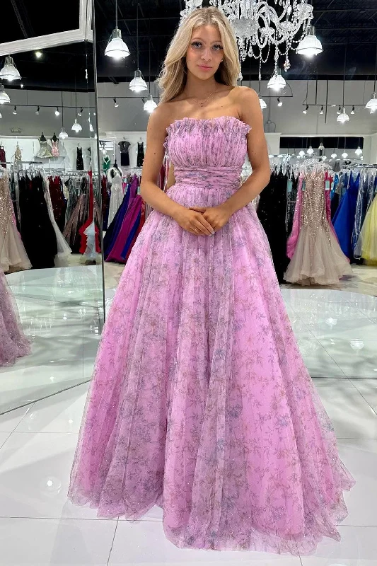 prom dress try-on ideasLilac Print Strapless Ruffle A-Line Long Prom Dress