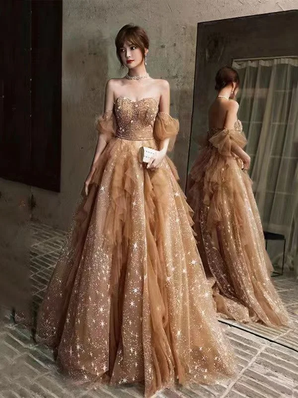 prom dresses with sequin detailingLovely Dark Champagne Star Gliter Prom Dresses, Newest Prom Dresses, A-line Prom Dresses