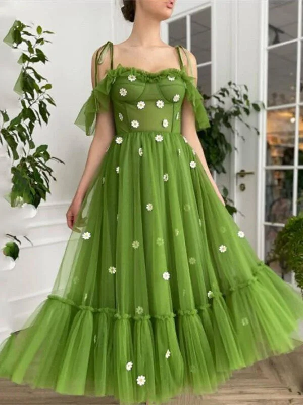 prom dresses for apple shapesLovely Green Tulle Prom Dresses, A-line Prom Dresses, 2021 Prom Dresses, Newest Prom Dresses