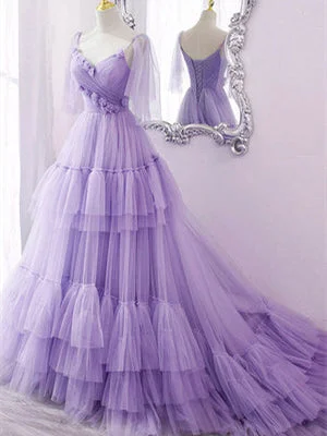 mid-length prom dressesLovely Purple Tulle Ruffled Prom Dresses, Lace up Long Prom Dresses, Popular Prom Dresses, Cheap 2022 Prom Dresses