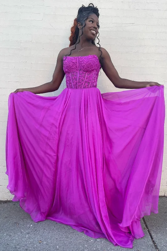 prom dresses for summerMagenta Chiffon Appliques Strapless A-Line Long Prom Dress