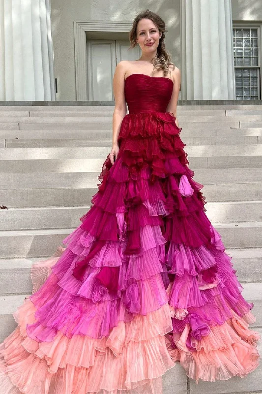 affordable prom dressesMagenta Ombre Strapless Ruffle Tiered Long Prom Dress