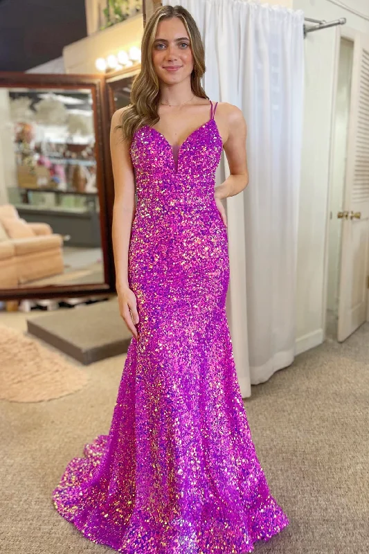 prom dresses for plus-size figuresMagenta Sequin Lace-Up Mermaid Long Prom Dress