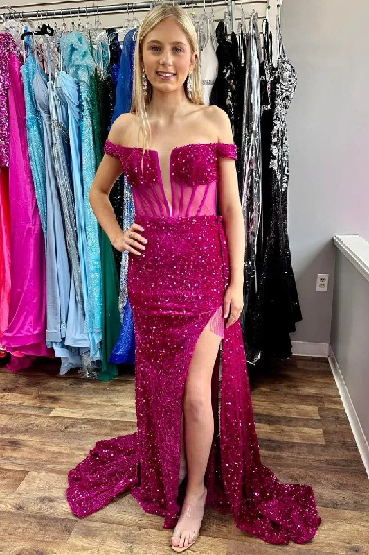 prom dresses for summerMagenta Sequin Mesh Off-the-Shoulder Long Prom Dress with Slit