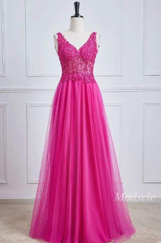 silk prom dressesMagenta Tulle Appliques V-Neck A-Line Long Prom Dress