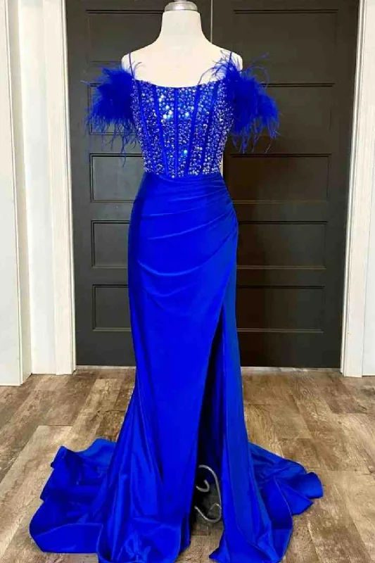 convertible prom dressesMermaid Off-Shoulder Beads Pleated Long Prom Formal Dress with Feathers