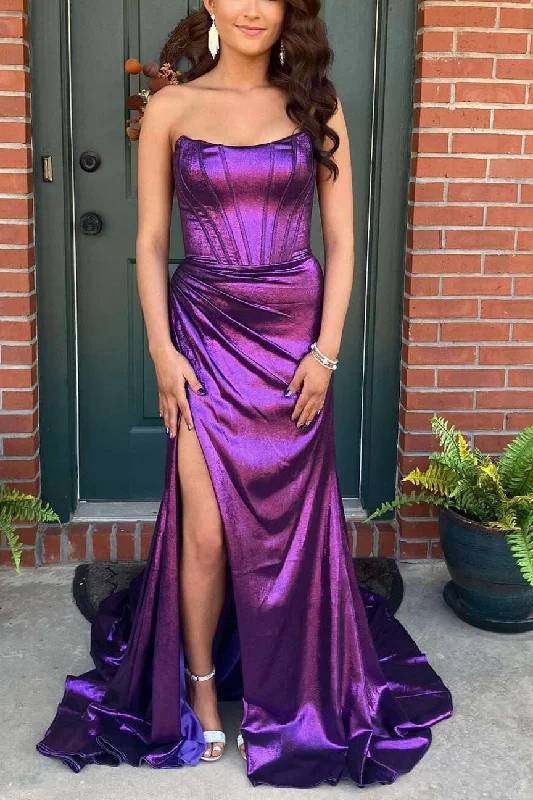 petite prom dressesMermaid Strapless Metallic Pleated Scoop Purple Long Prom Dress with Slit