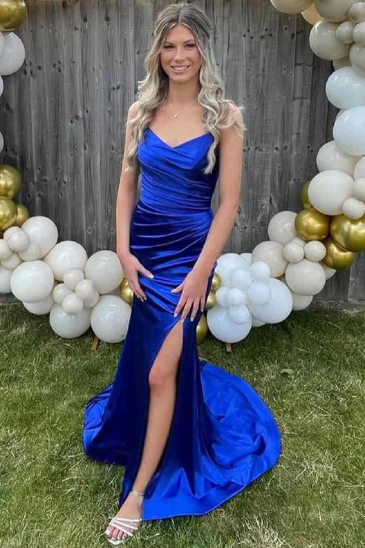 two-piece prom dressesMermaid Strapless Royal Blue V-Neck Sleeveless Satin Long Prom Dress