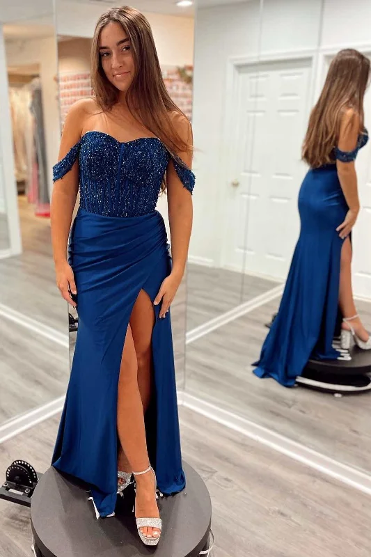 long prom dressesNavy Blue Beaded Satin Off-the-Shoulder Long Prom Dress with Slit