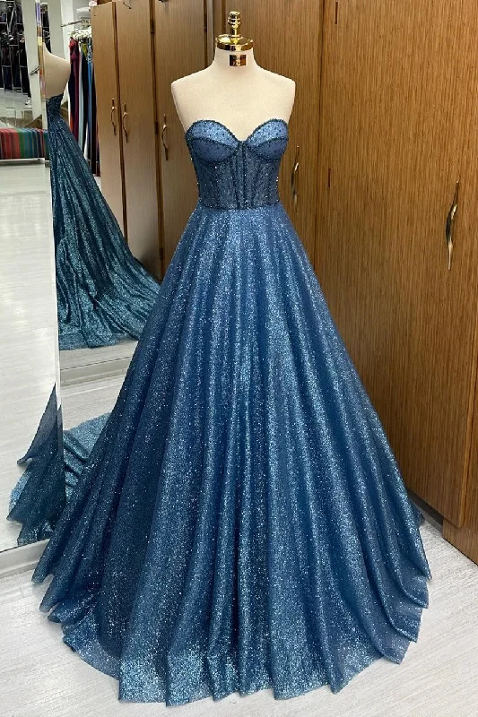 open-back prom dressesNavy Blue Sequin Beaded Sweetheart A-Line Long Prom Dress