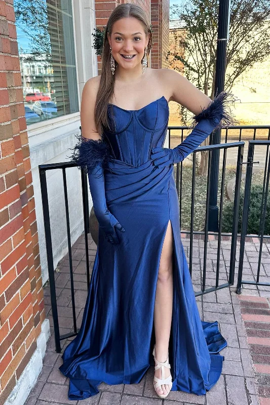 cap sleeve prom dressesNavy Blue Strapless Trumpet Long Prom Dress with Gloves