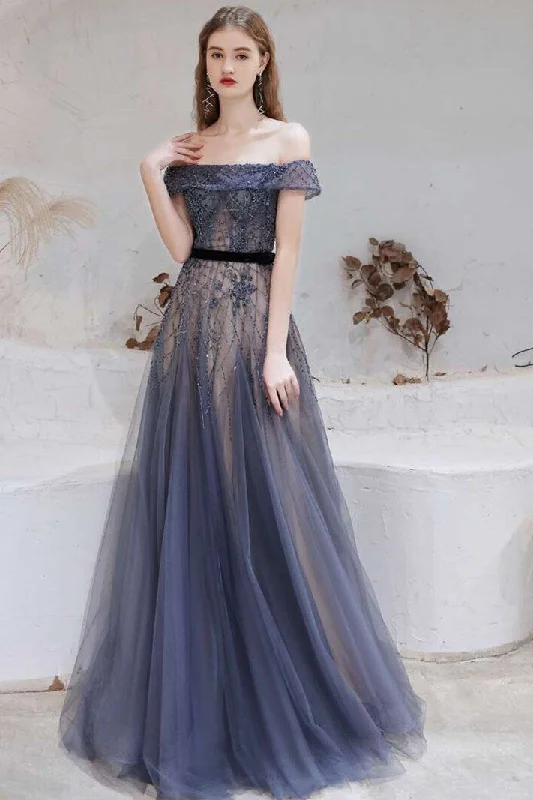 long prom dressesNavy Blue Tulle Beaded Off-the-Shoulder Floor Length Prom Dress