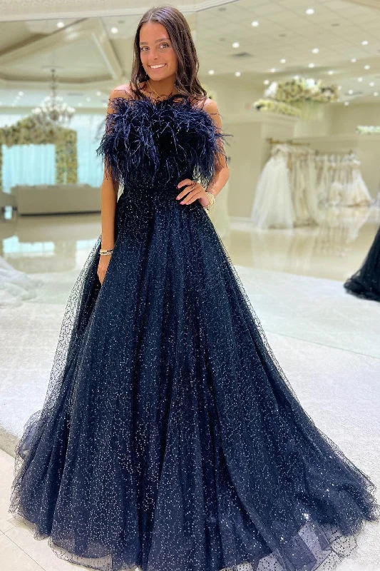 prom dresses for fallNavy Tulle Sequin Strapless A-Line Long Prom Dress with Feathers