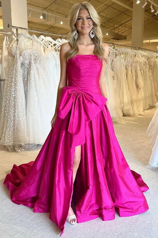 thigh-high slit prom dressesNeon Pink Strapless A-Line Prom Dress with Bow