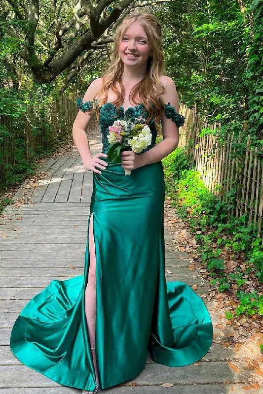 bodycon prom dressesOff-Shoulder 3D Floral Mermaid Pleated Green Formal Prom Dress with Train