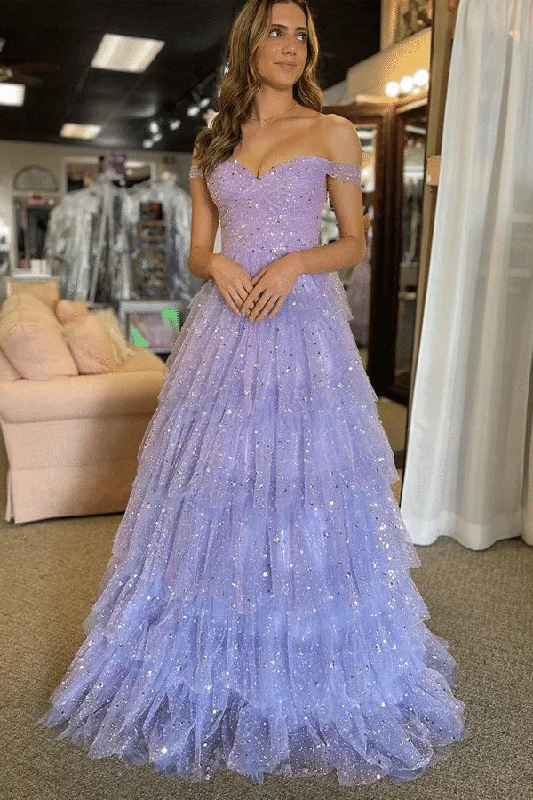 prom dress color trendsOff-Shoulder A-Line Empire-Waist Sequins Tulle Purple Long Prom Dress