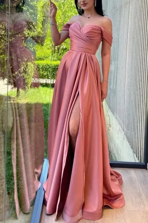 prom dresses with trainsOff-Shoulder A-Line Satin Pleated Long Formal Prom Dress with Slit