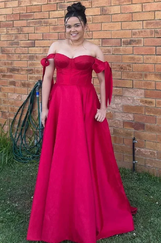 off-the-shoulder prom dressesOff-Shoulder A-Line Satin Pleated Red Long Prom Formal Dress with Pockets