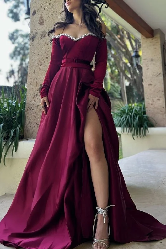 budget-friendly prom dressesOff-Shoulder Beads A-Line Empire-Waist High Slit Long Prom Dress with Sleeves