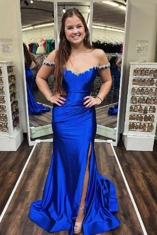 long prom dressesOff-Shoulder Beads Mermaid Side Slit Pleats Satin Long Prom Formal Gown