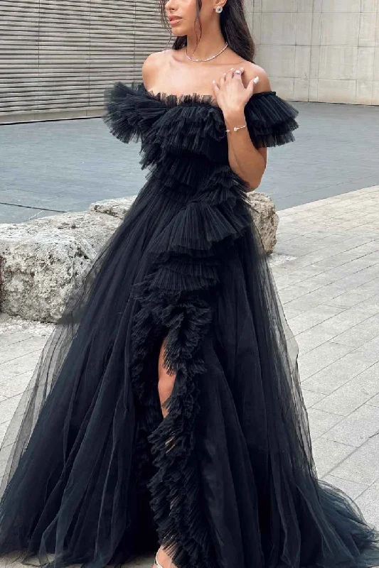 lace prom dressesOff-Shoulder Black A-Line Ruffles Tulle Long Prom Dress with Slit