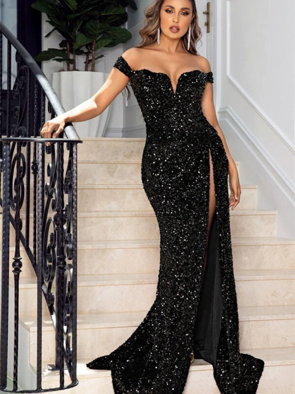 A-line prom dressesOff Shoulder Black Sequin Long Prom Dresses, Mermaid Prom Dresses, High Slit Prom Dresses, Shiny Prom Dresses, 2022 Prom Dresses