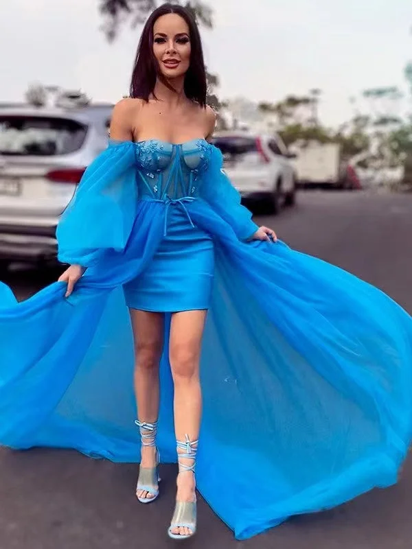 prom dresses with trainsOff Shoulder Blue Tulle Prom Dresses with Bones, Detachable Long Prom Dresses, 2022 Prom Dresses